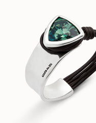 Bangle Bracelet With Leather And Large Faceted Green Crystal