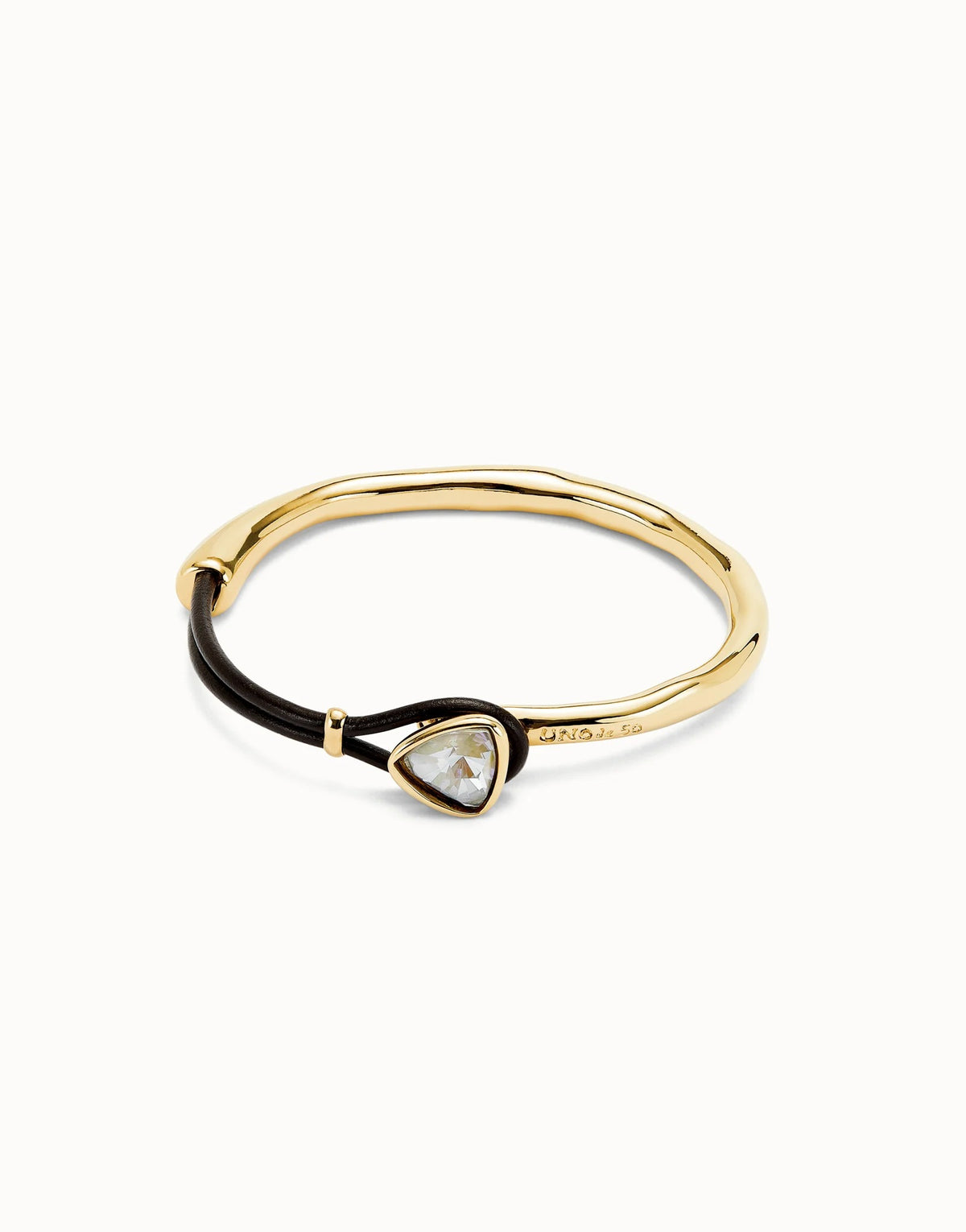 Bangle Bracelet With Leather And Multicolor Crystal - Gold