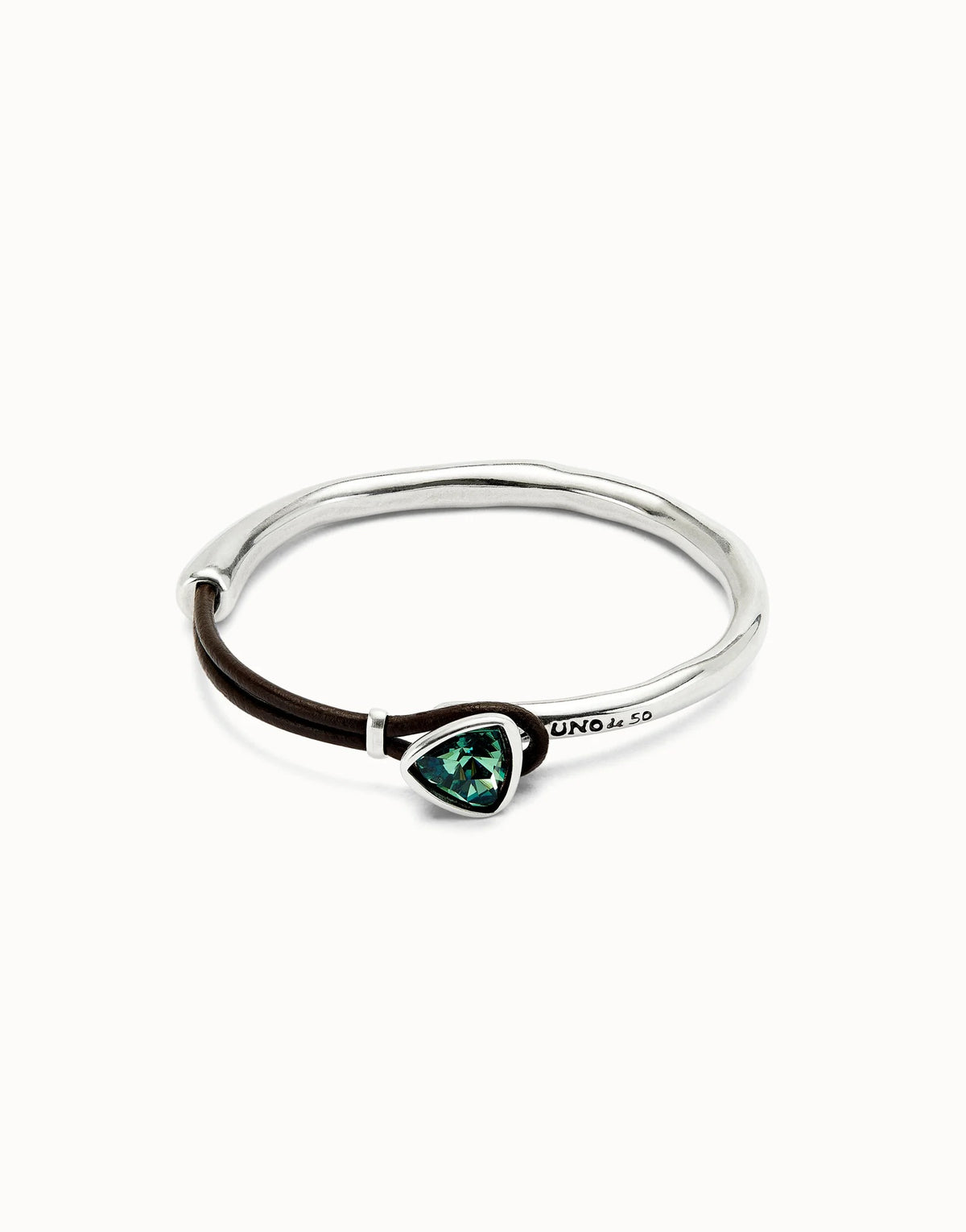 Bangle Bracelet With Leather And Green Crystal - Silver