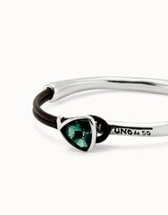 Bangle Bracelet With Leather And Green Crystal - Silver