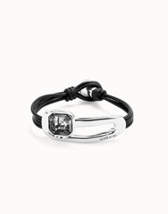 Leather Bracelet With A Black Crystal - Silver