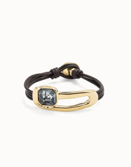 Leather Bracelet With A Black Crystal - Gold