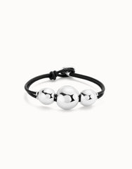 Leather Bracelet With Three Large Beads - Silver