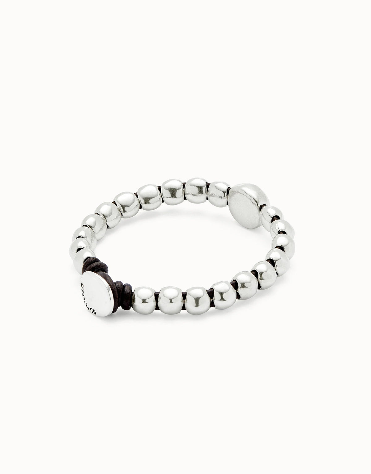 Leather Bracelet With A Large Bead - Silver