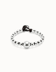 Leather Bracelet With A Large Bead - Silver