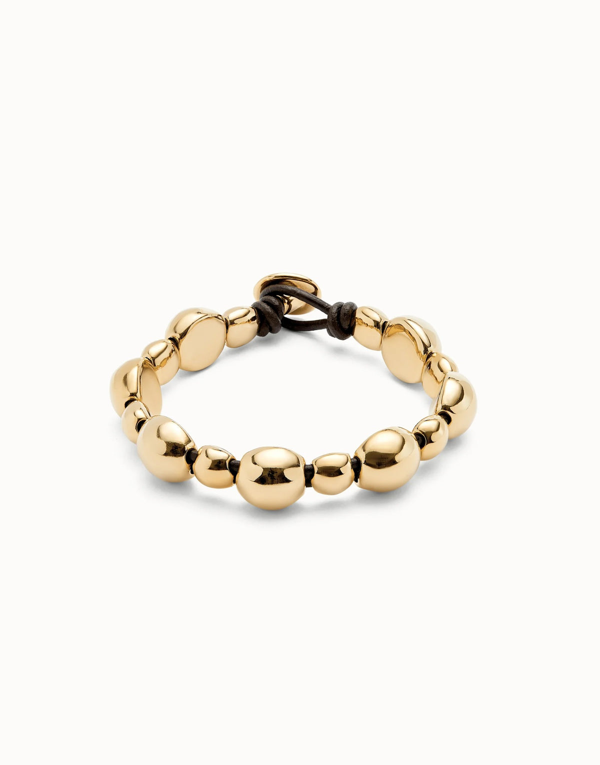 Leather Bracelet With Round Beads - Gold