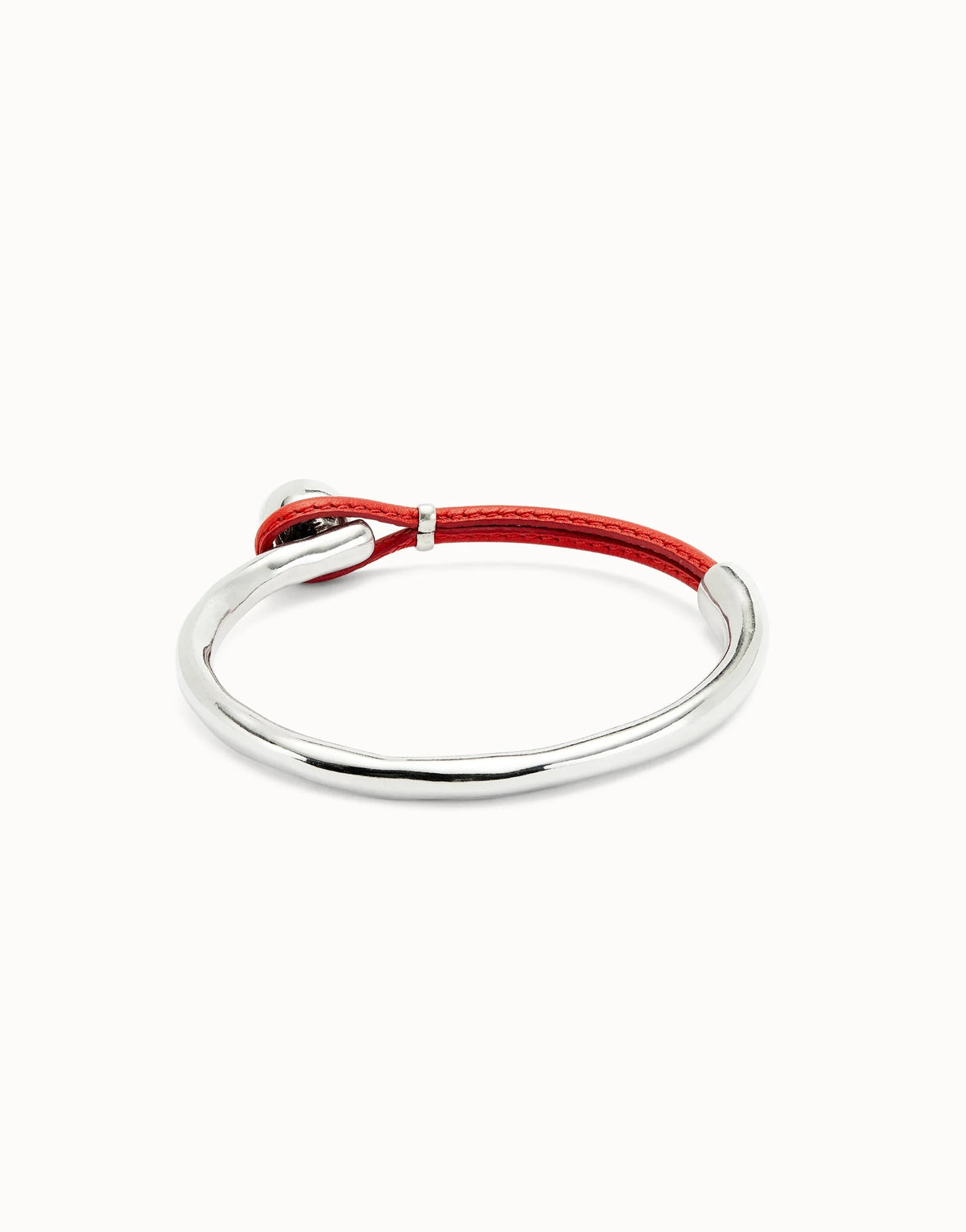 Bangle Bracelet With Coral Leather - Silver