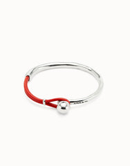Bangle Bracelet With Coral Leather - Silver
