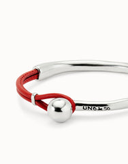 Bangle Bracelet With Coral Leather - Silver