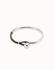 Bangle Bracelet With Brown Leather - Silver