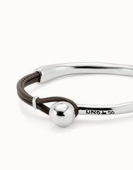 Bangle Bracelet With Brown Leather - Silver