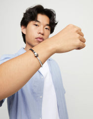 Bangle Bracelet With Brown Leather - Silver