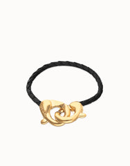 Black Leather Men Bracelet With Gold Interlocked Carabiner