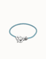 Blue Leather Women Bracelet With Interlocked Carabiner Detail In Stelring Silver
