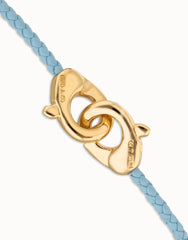 Blue Leather Women Bracelet With Interlocked Carabiner Detail In Gold