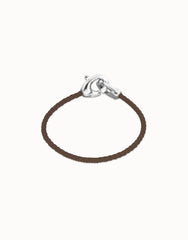 Cammel Leather Women Bracelet With Interlocked Carabiner Detail In Stelring Silver