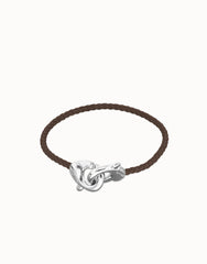 Cammel Leather Women Bracelet With Interlocked Carabiner Detail In Stelring Silver