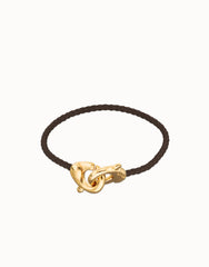 Cammel Leather Women Bracelet With Interlocked Carabiner Detail In Gold