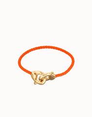 Orange Leather Women Bracelet With Interlocked Carabiner Detail In Gold
