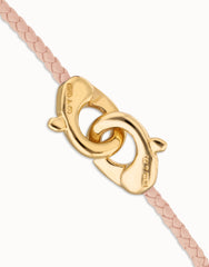 Pink Leather Women Bracelet With Interlocked Carabiner Detail In Gold