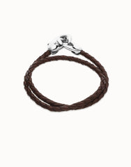 Brown Double Leather Women Bracelet With Interlocked Carabiner Detail In Silver
