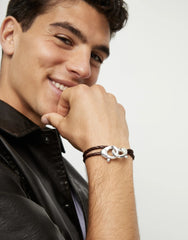Brown Double Leather Women Bracelet With Interlocked Carabiner Detail In Silver