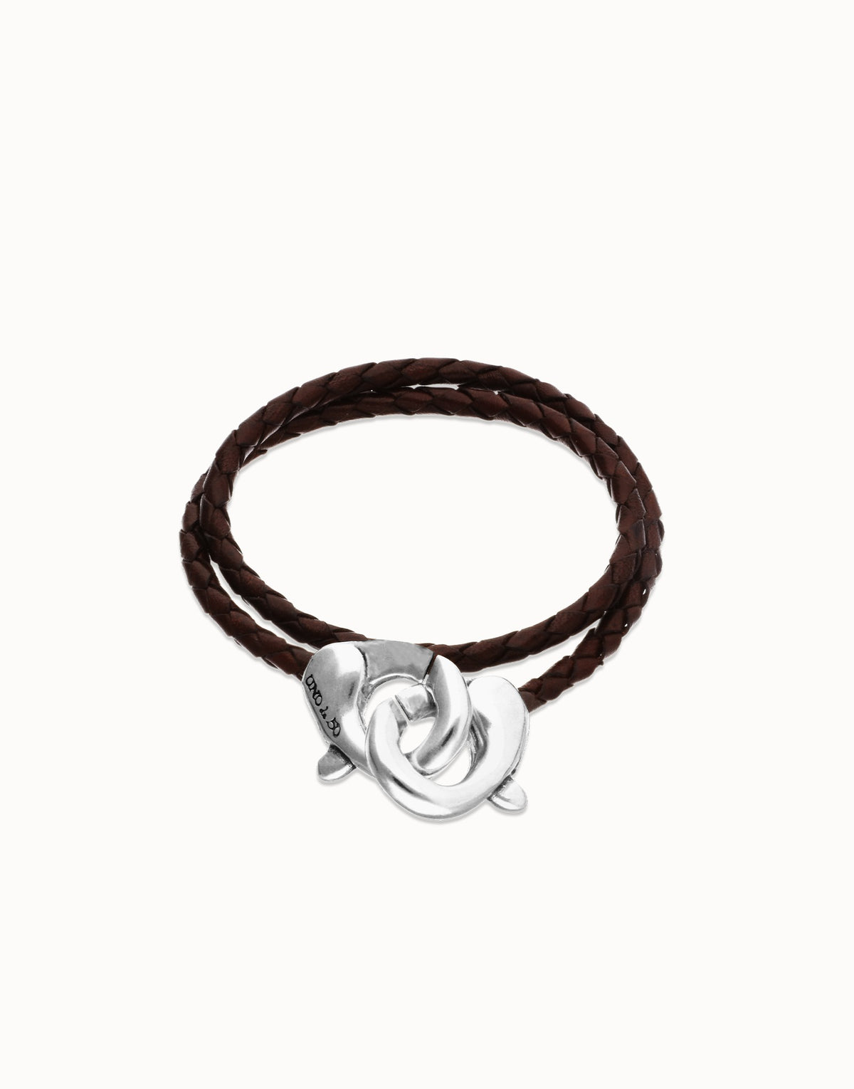 Brown Double Leather Women Bracelet With Interlocked Carabiner Detail In Silver