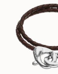 Brown Double Leather Women Bracelet With Interlocked Carabiner Detail In Silver