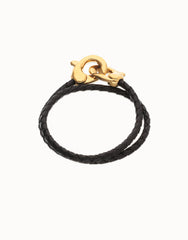 Black Double Leather Women Bracelet With Interlocked Carabiner Detail In Gold