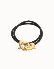 Black Double Leather Women Bracelet With Interlocked Carabiner Detail In Gold