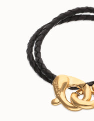 Black Double Leather Women Bracelet With Interlocked Carabiner Detail In Gold