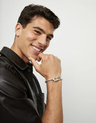 Beaded Bracelet Of Metal Alloy Plated Sterling Silver With Interlocked Carabiner Detail