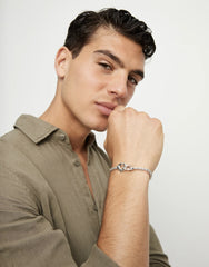 Small Beaded Bracelet Of Metal Alloy Plated Sterling Silver With Interlocked Carabiner Detail
