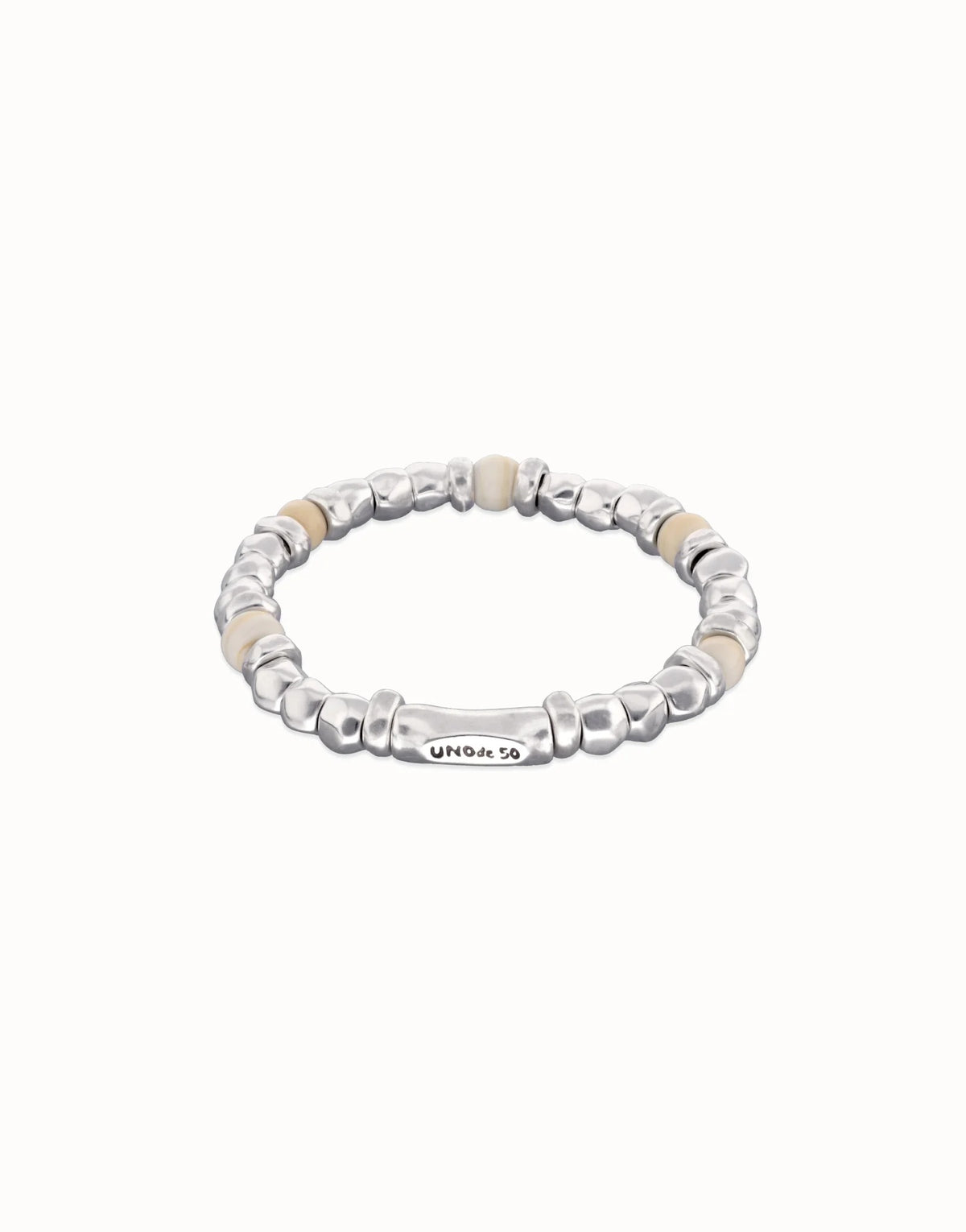 Metal Alloy Bracelet Pleated In Stelring Silver With Marfil Beads