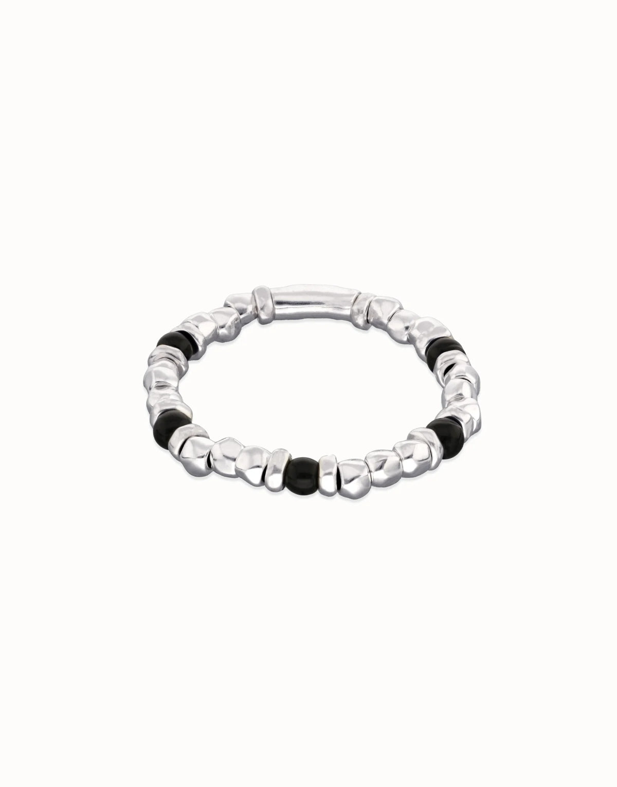 Metal Alloy Elastic Beaded Bracelets Plated In Sterling Silver With Black Murano Glass