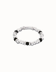 Metal Alloy Elastic Beaded Bracelets Plated In Sterling Silver With Black Murano Glass