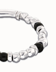Metal Alloy Elastic Beaded Bracelets Plated In Sterling Silver With Black Murano Glass