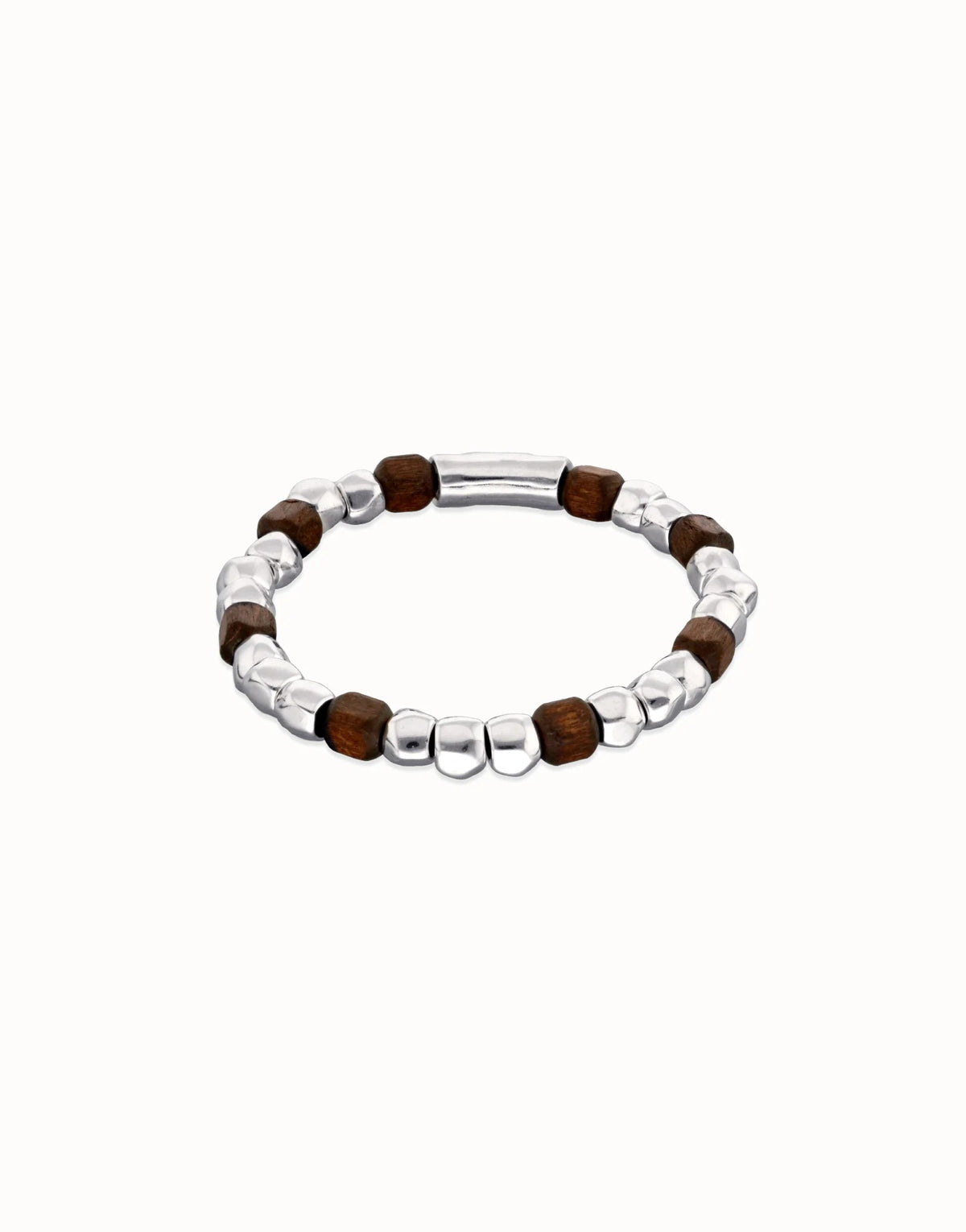 Metal Alloy Elastic Beaded Bracelets Plated In Sterling Silver And Beads In Wood