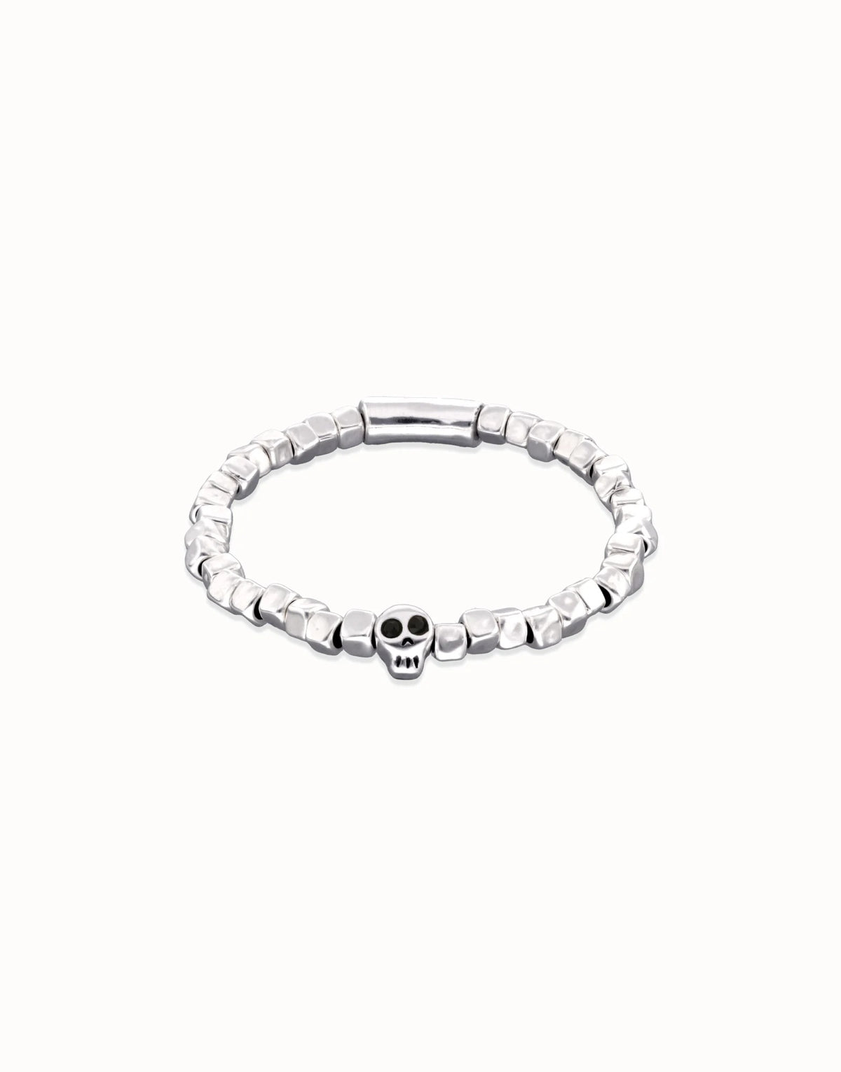 Metal Alloy Elastic Bracelet Pleated In Sterling Silver With A Skull Detail