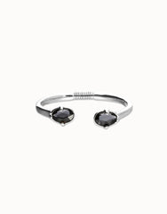 Rigid Bracelet Of Metal Alloy Plated In Sterling Silver And Grey Faceted Crystals At The Ends