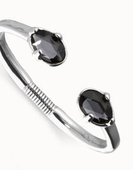 Rigid Bracelet Of Metal Alloy Plated In Sterling Silver And Grey Faceted Crystals At The Ends