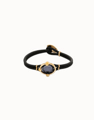 Leather Bracelet In Gold With A Grey Faceted Crystal