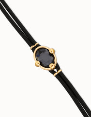 Leather Bracelet In Gold With A Grey Faceted Crystal