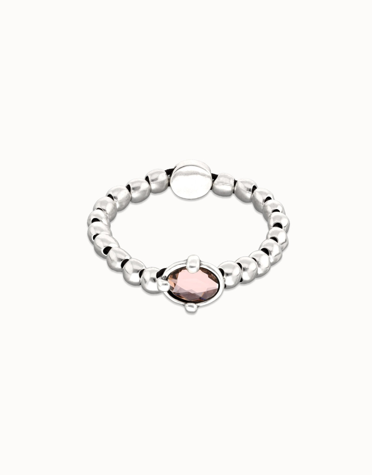 Sterling Silver Plated Metal Beaded Bracelet With A Pink Faceted Crystals And Elastic String