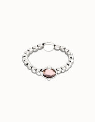 Sterling Silver Plated Metal Beaded Bracelet With A Pink Faceted Crystals And Elastic String