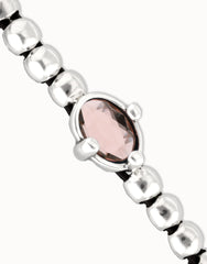 Sterling Silver Plated Metal Beaded Bracelet With A Pink Faceted Crystals And Elastic String