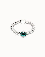 Sterling Silver Plated Metal Beaded Bracelet With A Green Faceted Crystals And Elastic String