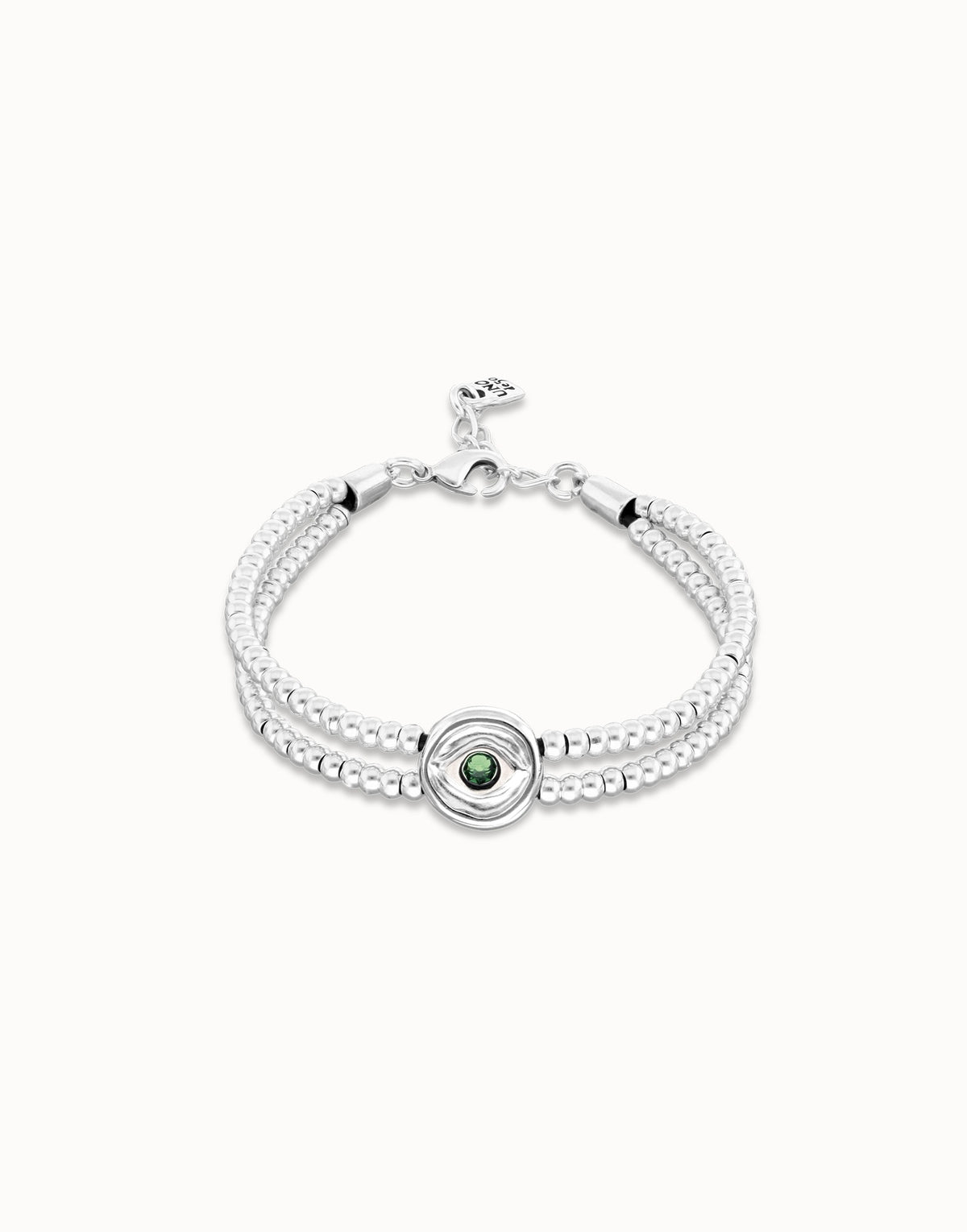 Metal Aloy Double Beaded Bracelet In Sterling Silver With An Eye Detail And A Green Faceted Crystal