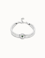 Metal Aloy Double Beaded Bracelet In Sterling Silver With An Eye Detail And A Green Faceted Crystal