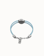 Blue Leather Bracelet With A Metal Alloy Eye Detail Pleated In Sterling Silver And Crystal
